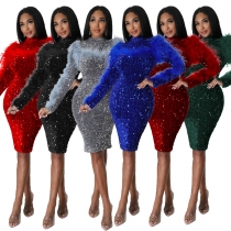 Fashion buttock cut-out long-sleeved feather nightclub sequin slimming fashion celebrity dress YM9303