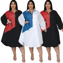Oversized loose panel contrast elastic long-sleeve zip dress F7577