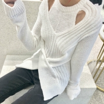 Chaozhou Brand Irregular Sweater Autumn and Winter New Loose Slim Slim Knit Long Sleeve Round Neck Top PD714
