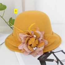 Fisherman's hat Female British vintage feather flower wool top hat Korean version Elegant celebrity felt hat Pot hat FF0000223
