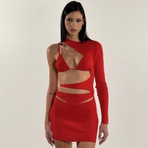Sexy Spicy Girls Cut-out Slim Fit Waisted Solid Color Long Sleeve Wrapped Hip Dress D2C11462W