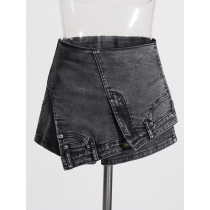 Individualized street denim patchwork shorts with high waist, irregular washed old jeans S692939529223