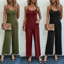Fashion women's solid color strapping suspender loose wide leg jumpsuit FJM0002