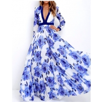 Women's dress flower blue and white porcelain V-neck printing large swing skirt SM0613