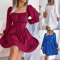 Casual solid color agaric hem square neck waist large swing dress B8258