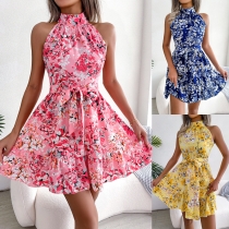 Temperament lace-up ruffle large floral dress B8337