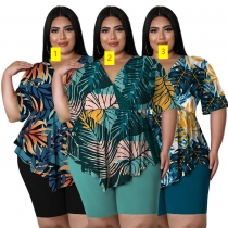 Large women's printed two-piece T-shirt shorts set S0229