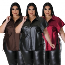Faux leather shirt casual loose solid fat woman top S0289