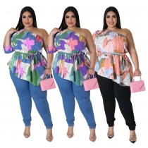 Casual loose sloping shoulder asymmetrical fat woman print top S0291