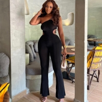 One-shoulder chain hollowed-out jumpsuit with slight flared tight-fitting all-in-one pants with hip lifting, wide back, jumpsuit and leggings JP005775