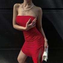 Bra sexy diagonal hem drawcord split skirt body solid color dress YJ23059