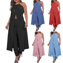 Temperament hanging neck sleeveless solid color open back loose top high waist pants suit M23008