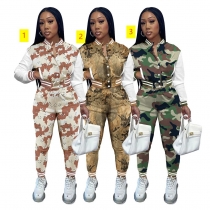 Single breasted long sleeve threaded sweater fabric bomber camouflage jacket set D88190