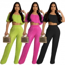 Women's pleated solid color off the shoulder wrap chest loose flared pants two-piece set A5339