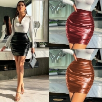 PU leather skirt pleated skirt zippered high waist covered hip skirt D30