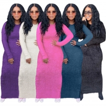 Women's Wholesale Casual Round Neck Long Sleeve Fur Dress Medium Length Dress Women Multi Color S390445