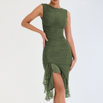 Round Neck Sleeveless Dress Women's Fashion Hot Selling Sexy Tight Back Pleated Midlength Dress FD9795