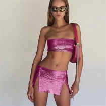 Fashion, bright color, sexy, backless bra, high waist, slim fit, split skirt set K23S25857
