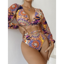 Fashionable and sexy deep V strap printed high waisted beach split swimsuit SGX-YXY21139