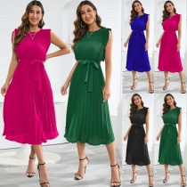 Ruffle Sleeves Folded Pleated Dress Solid Color Dress LQ590