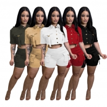 Button Multi Pocket Short Two Piece Solid Color Elastic Short Sleeve Commuter Workwear W8381