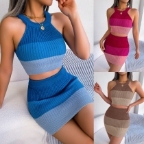 Fashion gradient color exposed navel top with buttocks and skirt set B3025