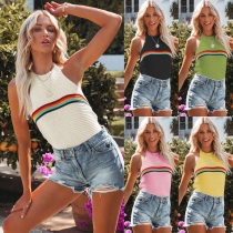 Women's Rainbow Colored Hanging Neck Top Fashion Open Back Knitted Lace Up Tank Top SF1209