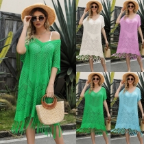 Women's solid color tassel hollowed out knit shirt loose oversized beach skirt SF1217