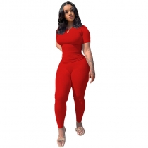 Women's solid color slim fitting short sleeved high waisted tight pants casual set FLK694578830980-2