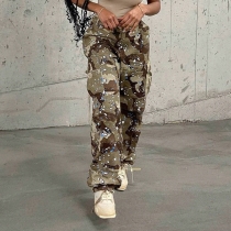 Women's personalized splashed ink camouflage street work pocket splicing straight woven casual pants LR31979