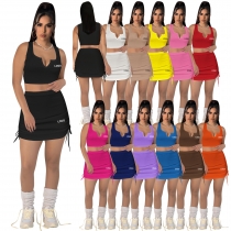 Women's cotton pit stripe high elastic V-neck open waist drawstring embroidered short skirt set Y71356