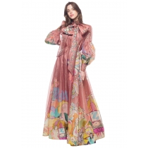 Loose and slim long sleeved silk pleated long skirt with pleated large hem dress RNH28389