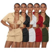 Workwear solid color short sleeved short skirt shirt two-piece set D88201