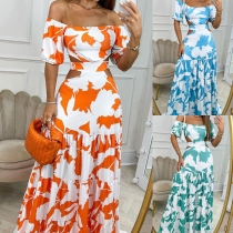 Women's Slim Fit Printing Elegant Fashion Big Swing Long Dress XZ8157