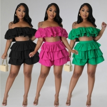 Ruffled Loose Chain Wrapped Chest Shorts Set Two Piece Set L464