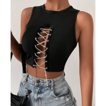 Rib exposed navel small tank top for women with round neck, hollowed out rhinestone straps, sexy sleeveless short top YBJ689927937355