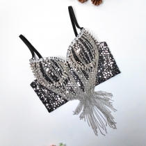 Rock and roll style sequin tassel suspender with steel ring corset short sexy spicy girl nightclub bra stage vest KNN8606