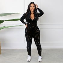 Sexy jacquard hollowed out long sleeved jumpsuit nightclub outfit K9087