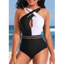 Black and white color matching one piece hollowed out transparent waistband one piece swimsuit TL712634587092