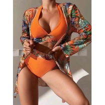 High waisted multi-color printed long sleeved three piece bikini split swimsuit TL714173572425