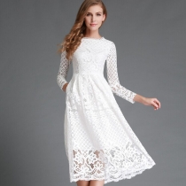 Round neck lace long sleeved slim fitting mid length skirt SMRS154