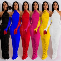 Fashion Women's Solid Color Long Gloves Hollow Lace Long Dress Dress X6379