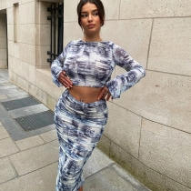 Fashionable printed round neck, long sleeved, navel exposed, back closed, waist wrapped, hip wrapped skirt set JSD710200