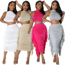 Women's solid color high waisted ruffled edge with exposed navel tight vest skirt set Y1249
