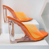 Wearing thick heeled transparent PVC wide band sandals and slippers on the outside with high heels PL0288