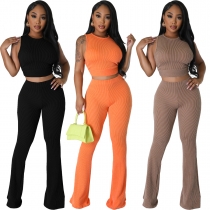 Women's Sexy Solid Color Round Neck Sleeveless High Bullet Pit Flare Pants Two Piece Set JP1085