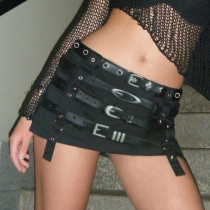 Punk style design with belt stitching and heavy work A-line short skirt NWWDD02637