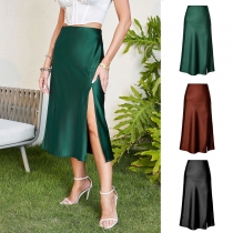 High waisted glossy satin skirt, high-end silk smooth solid color split long skirt, large swing skirt WW6116
