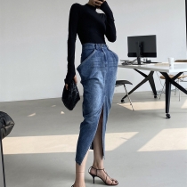 Personalized Street High Waist Long Inverted Triangle Front Split Design Washed Classic Denim Skirt MC23003