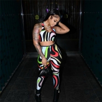 Women's sexy printing tight Crop top high waist slim trousers suit K23S29981